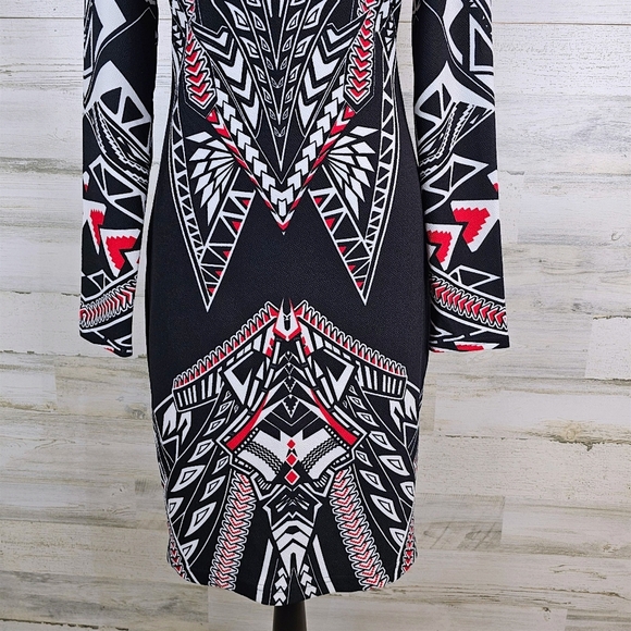 Bisou Bisou Michele Bohbot Geometric Print Bodycon Dress Black Red White 10 - Picture 9 of 16